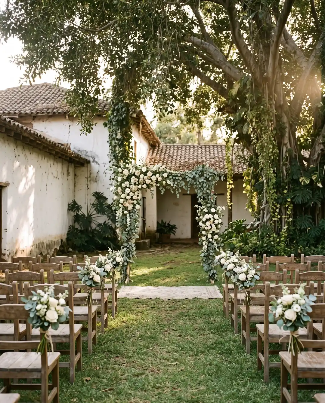 Jardín de la hacienda con el arco de flores y las sillas para la ceremonia