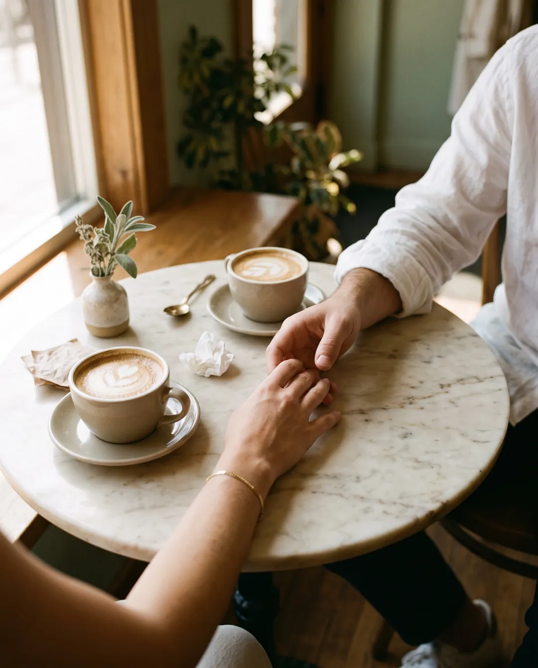 Dos manos que se tocan sobre una mesa de café